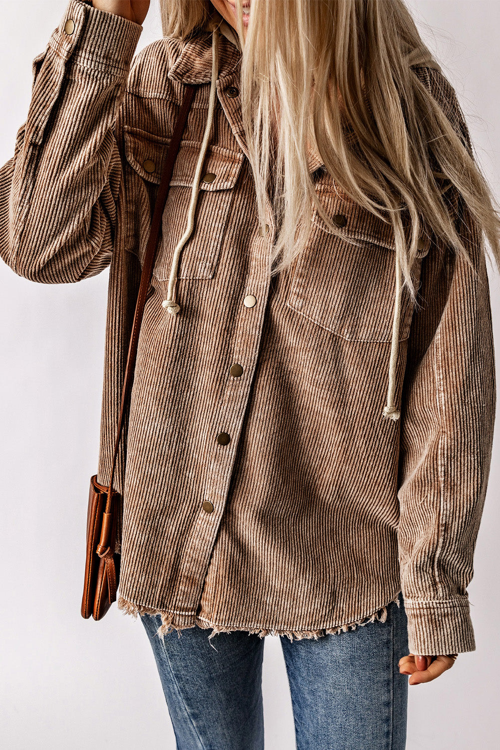 Snap Front Hooded Corduroy Jacket