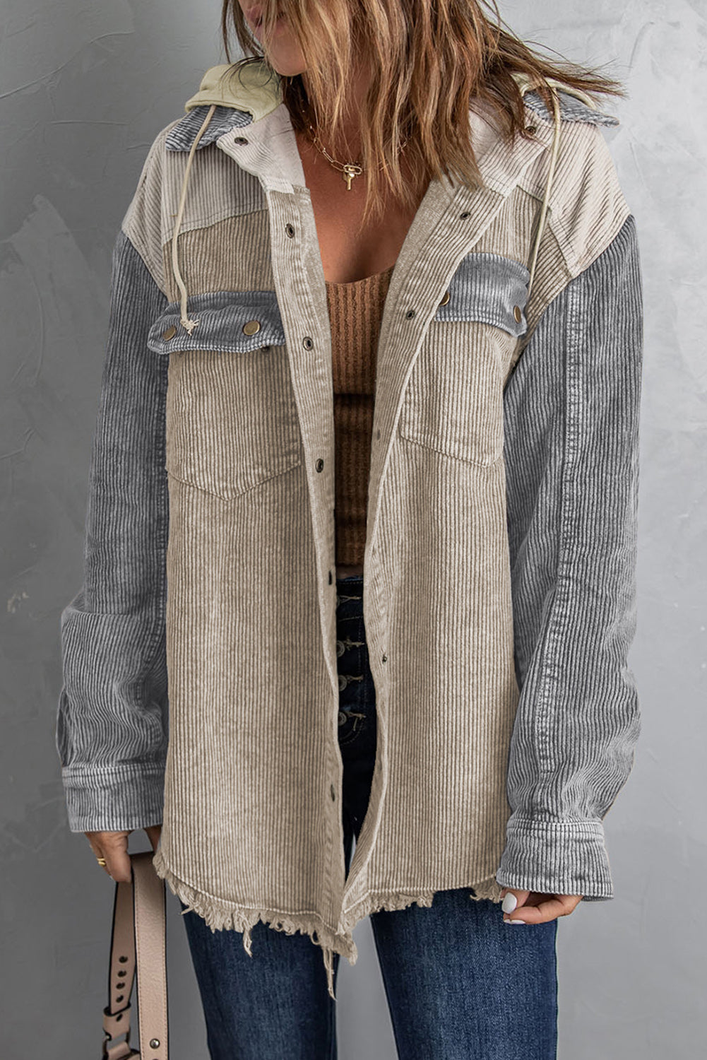 Snap Front Hooded Corduroy Jacket
