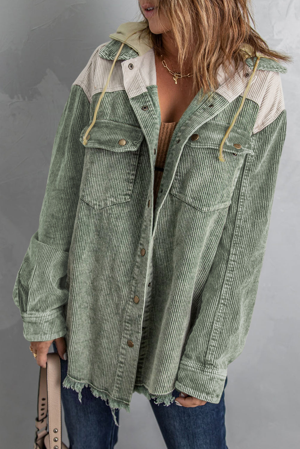 Snap Front Hooded Corduroy Jacket