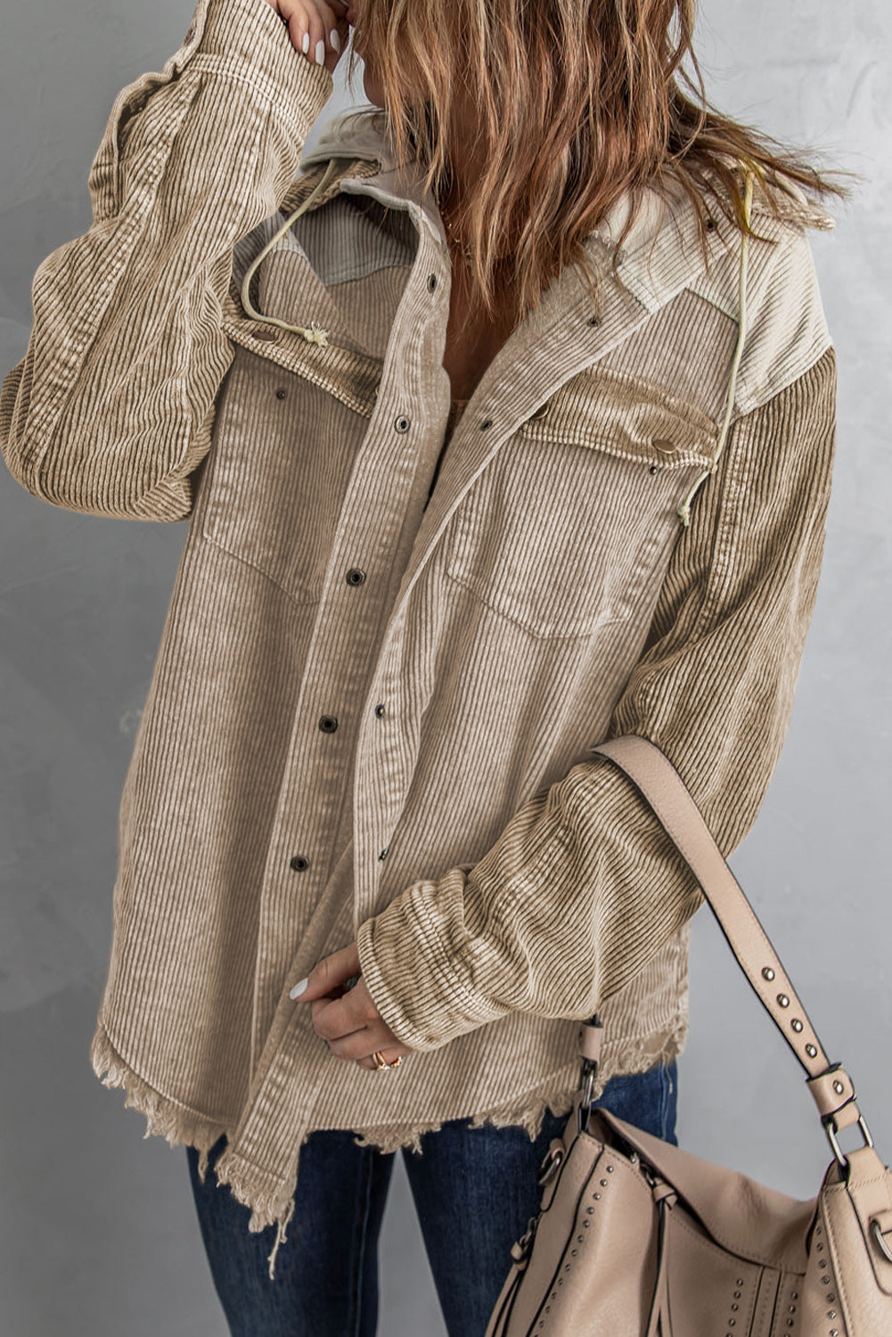 Snap Front Hooded Corduroy Jacket