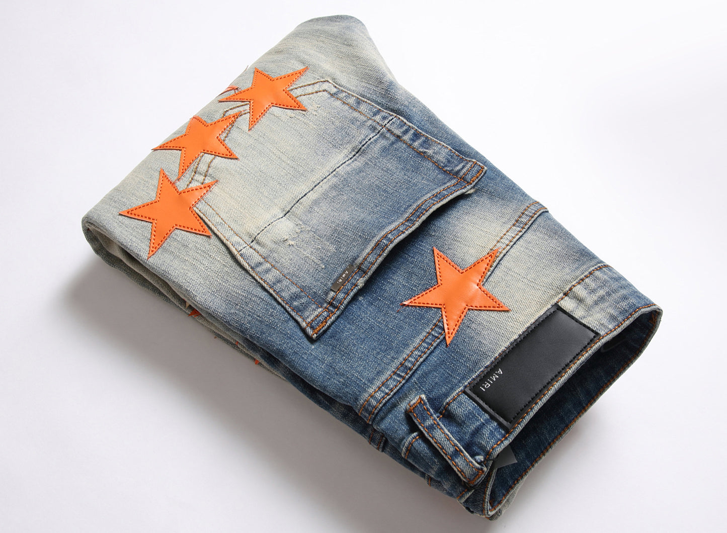 High Street Ripped Style Orange Star Patch Stretch Jeans