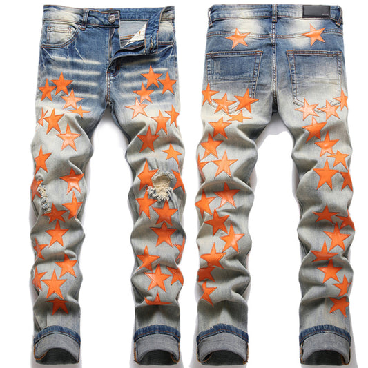 High Street Ripped Style Orange Star Patch Stretch Jeans