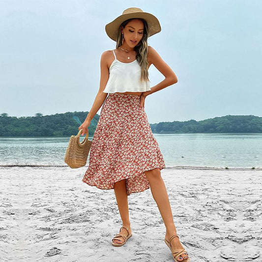 Wine Red Floral Print Skirt
