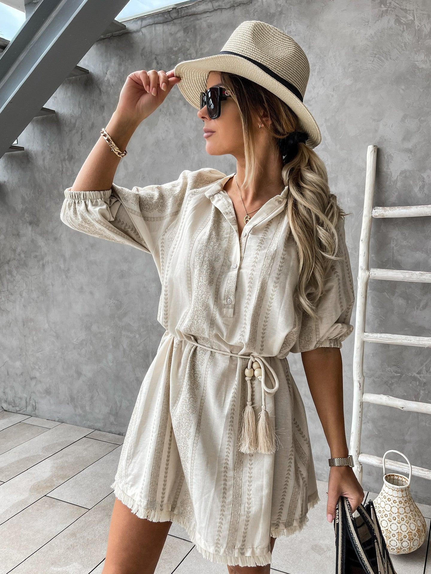 Drawstring Bohemian Dress With Fringe