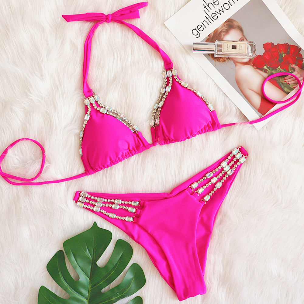 String Tie Top Rhinestone Bikini