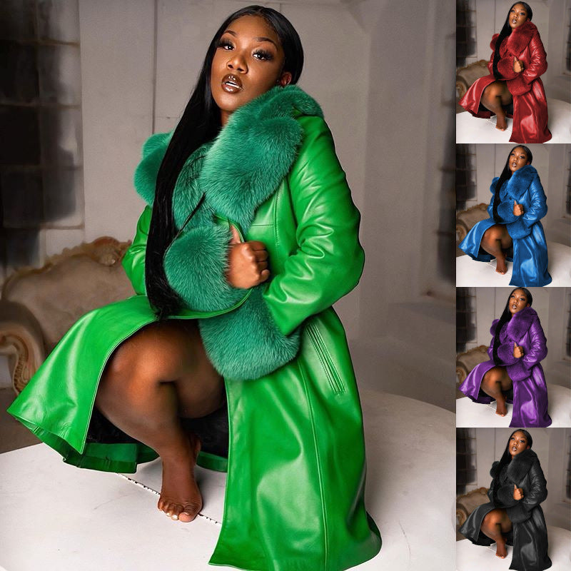 Long Faux Leather & Faux Fur Collar-n-Cuff Coat