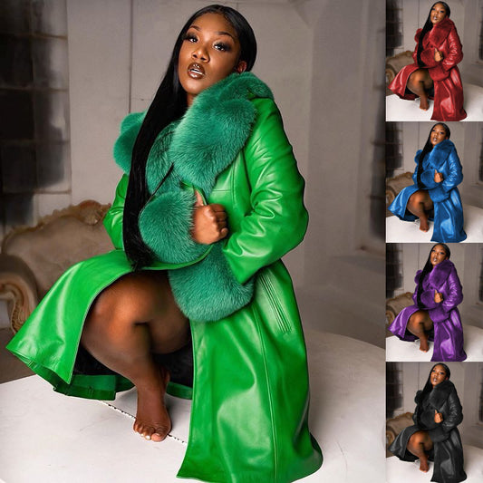 Long Faux Leather & Faux Fur Collar-n-Cuff Coat
