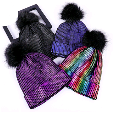 Shiny Warp Knit Wool Hat w/Black Pom