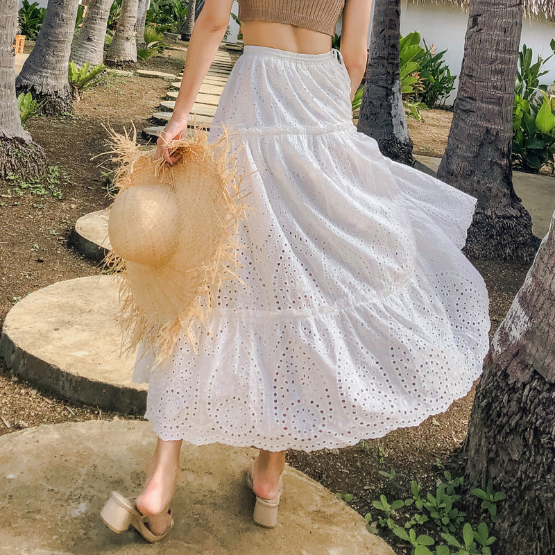 Western Lace Long White Cake Cotton Skirt