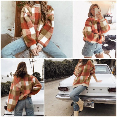 Round Neck Plaid Wool Sweater