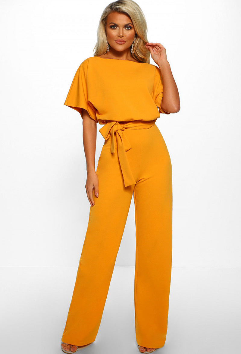 Button & Tie Short Sleeve Pants Jumpsuit