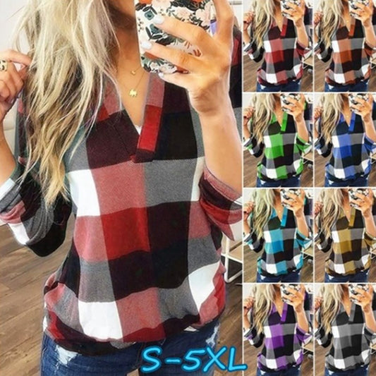 Plaid Printed Long Sleeve V-Neck Shirt (up to 5XL)