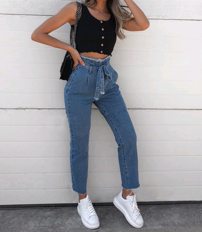 High Waist Belted Flowerbed Jeans