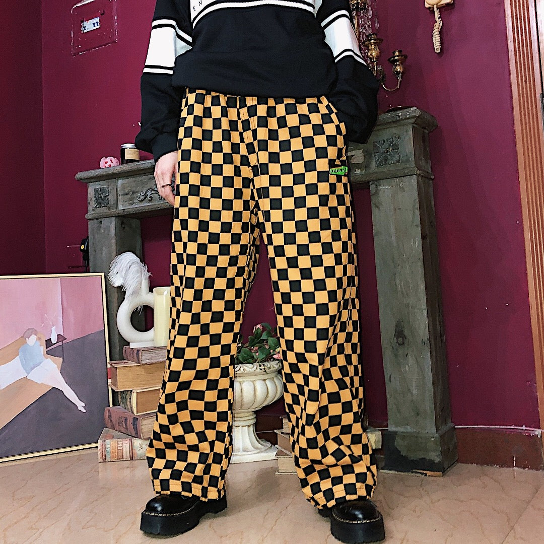Harajuku Contrast Checkerboard Wide-leg Pants