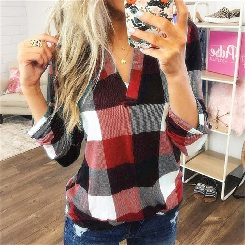 Plaid Printed Long Sleeve V-Neck Shirt (up to 5XL)