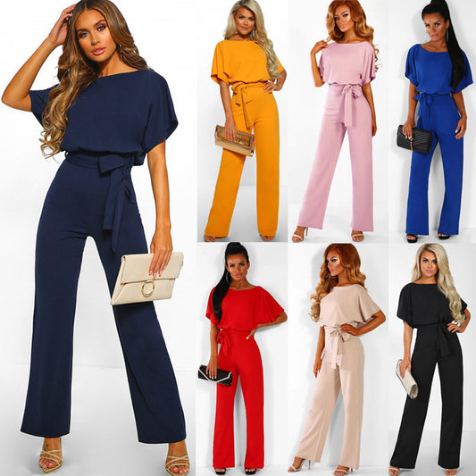 Button & Tie Short Sleeve Pants Jumpsuit