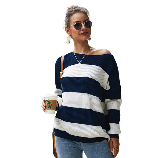 Loose Fitting Off the Shoulder Striped Sweater