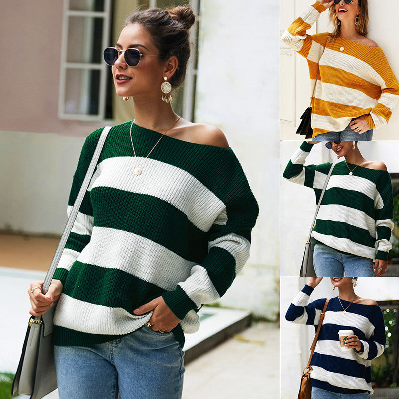 Loose Fitting Off the Shoulder Striped Sweater