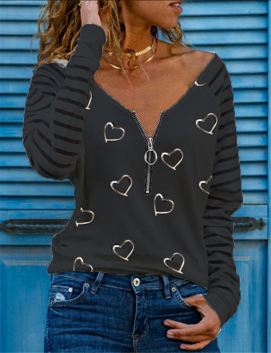 Long Sleeve Love Printed V-Neck Shirt(up to 3XL)