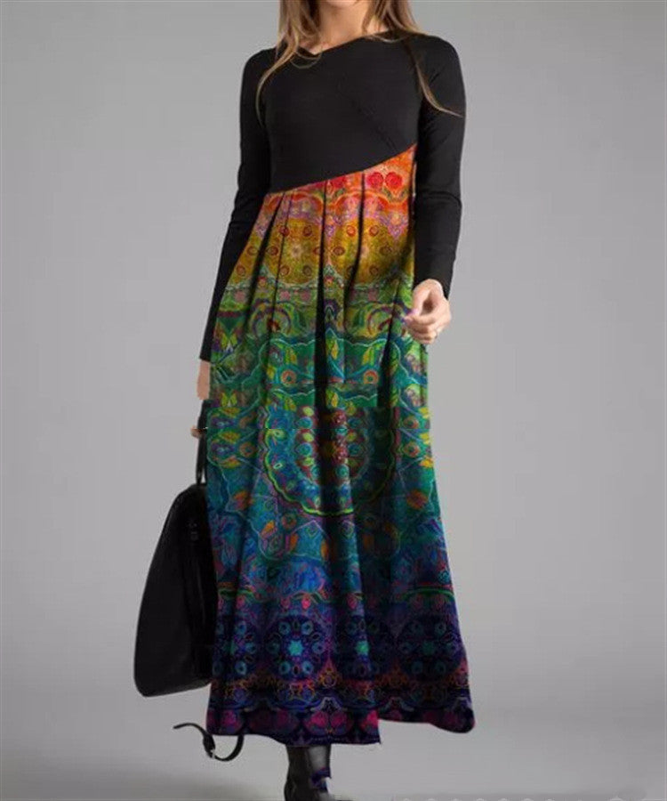 Floral Printed Long-Sleeved Long Slim Dress