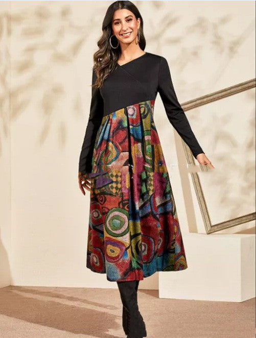 Floral Printed Long-Sleeved Long Slim Dress