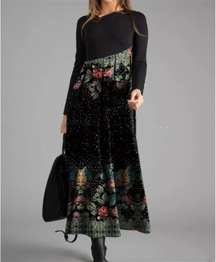 Floral Printed Long-Sleeved Long Slim Dress