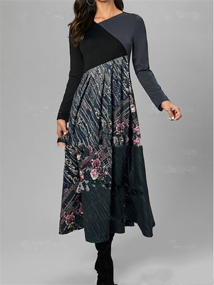 Floral Printed Long-Sleeved Long Slim Dress