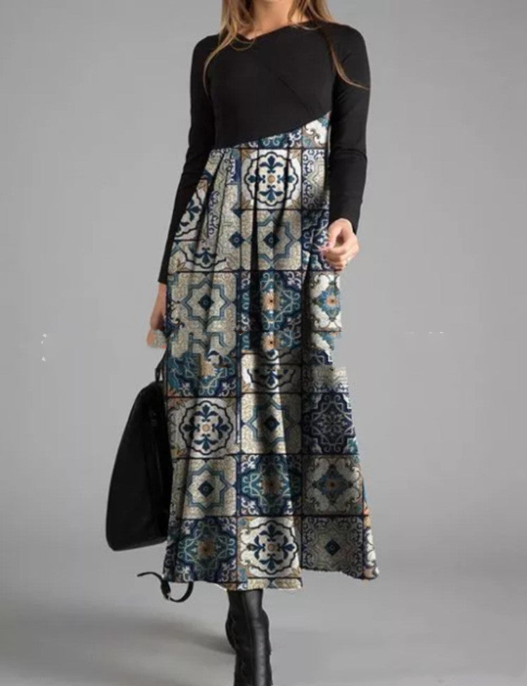 Floral Printed Long-Sleeved Long Slim Dress