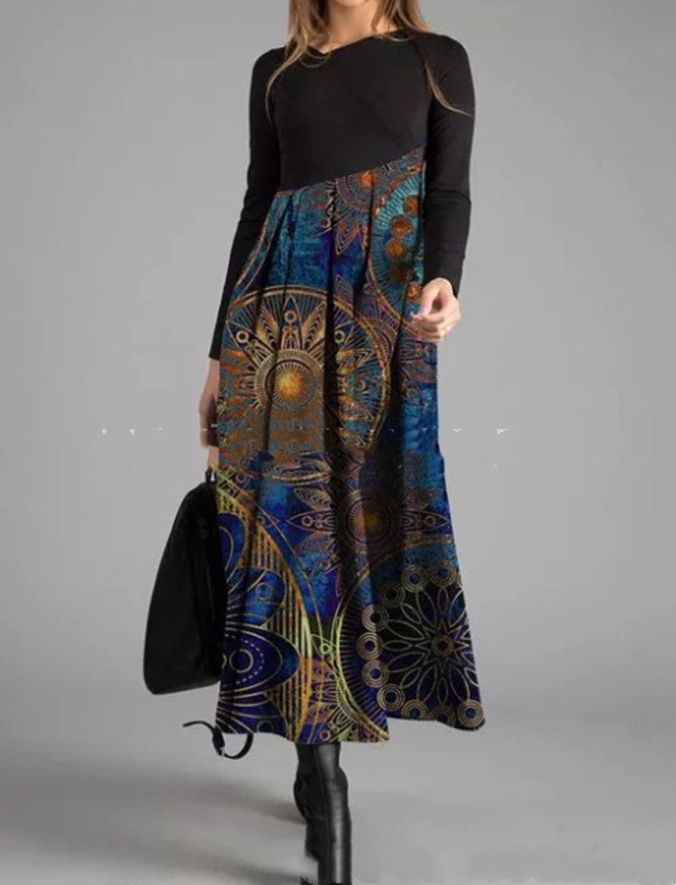 Floral Printed Long-Sleeved Long Slim Dress