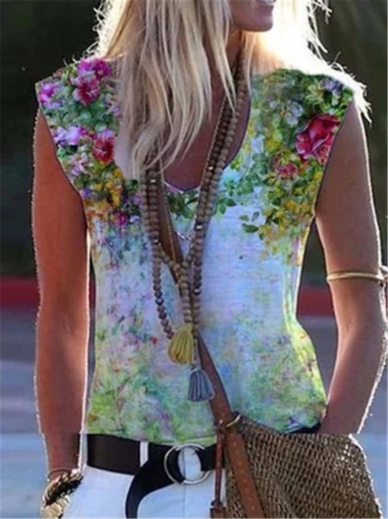Floral Printed Sleeveless Shirt   (Plus Sizes)