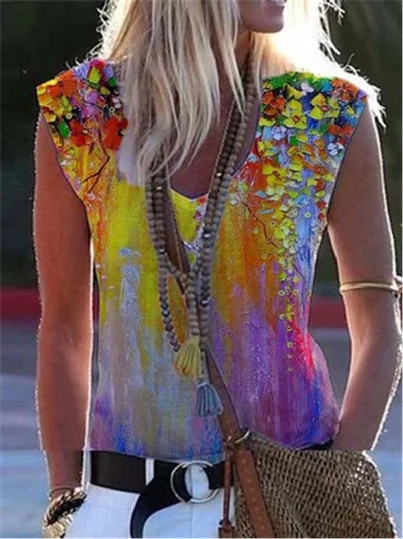 Floral Printed Sleeveless Shirt   (Plus Sizes)