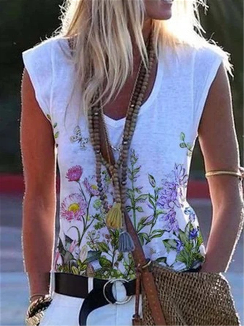 Floral Printed Sleeveless Shirt   (Plus Sizes)