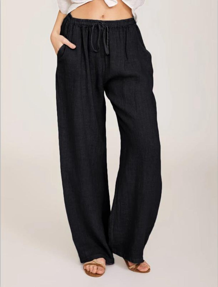 Straight Tube Drawstring Cotton & Hemp Pants
