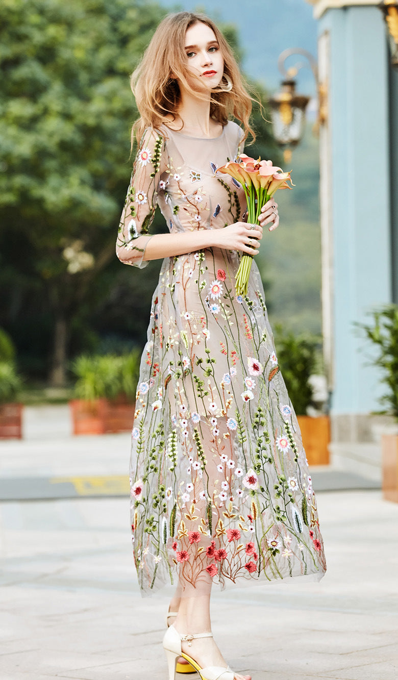 Beautiful Flower Embroidered Sheer Mesh Beach Dress/Cover-up