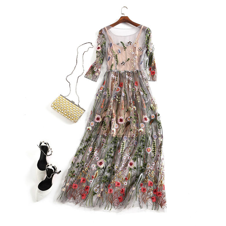 Beautiful Flower Embroidered Sheer Mesh Beach Dress/Cover-up