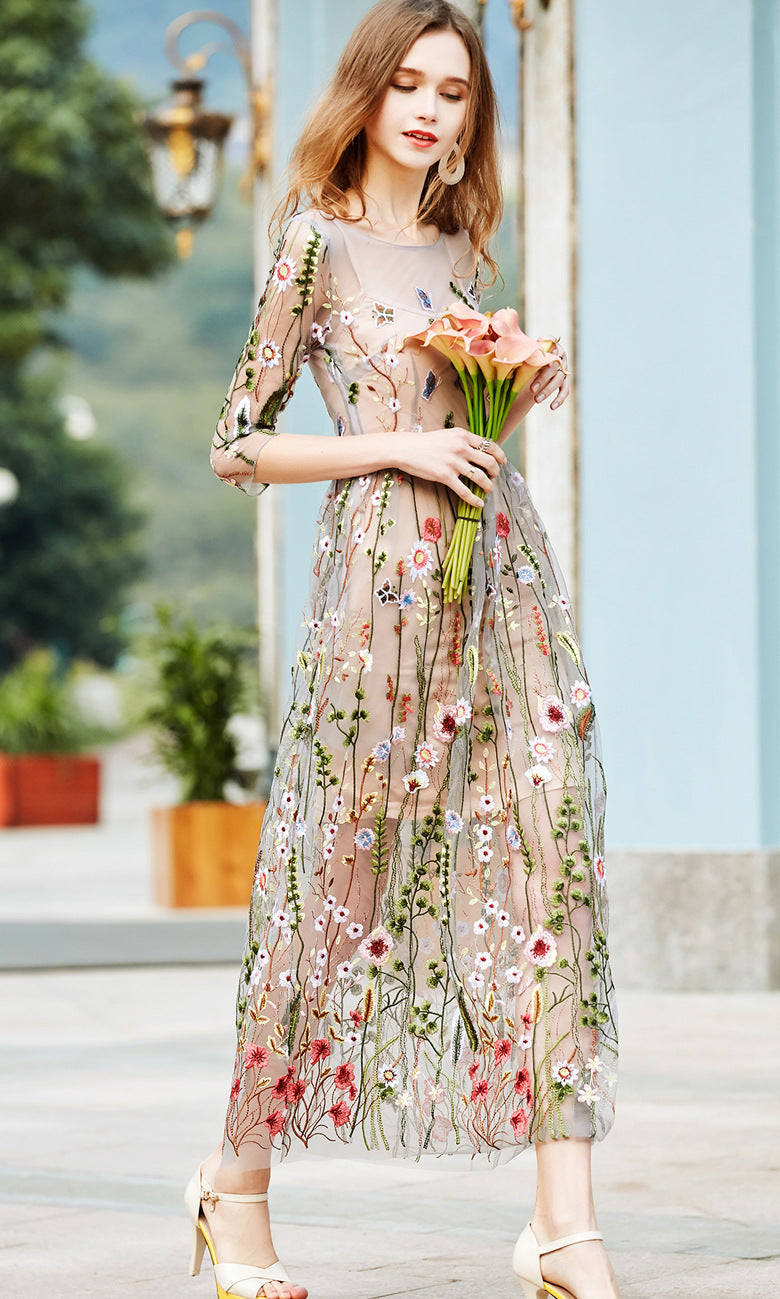 Beautiful Flower Embroidered Sheer Mesh Beach Dress/Cover-up