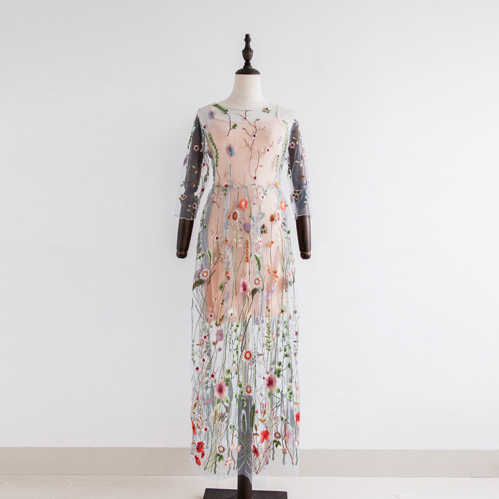 Beautiful Flower Embroidered Sheer Mesh Beach Dress/Cover-up