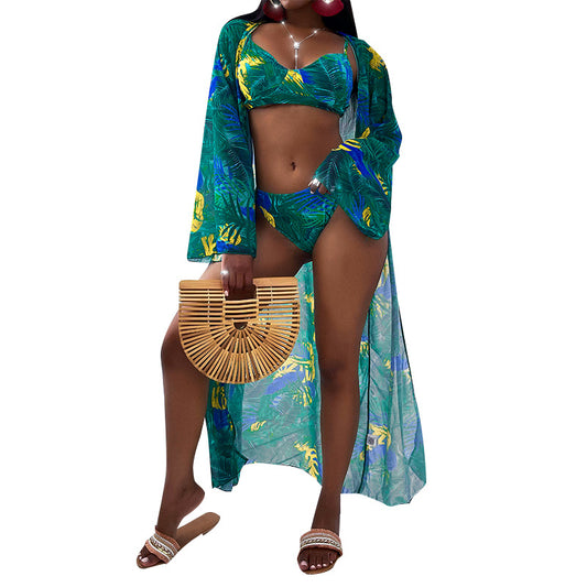 Three-Piece Tropical Bikini Coverup Set