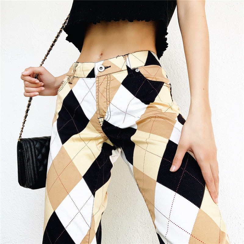 High Waist Plaid Block Cargo Pants