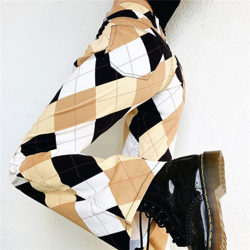 High Waist Plaid Block Cargo Pants