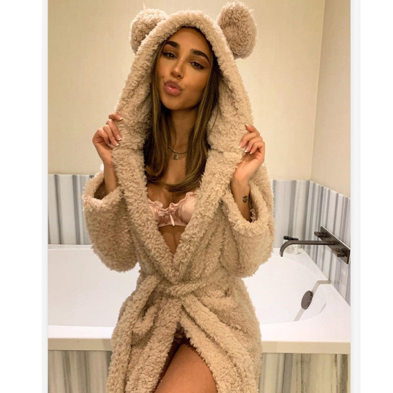 Short Fluffy Robe w/Front Tie and Bunny Ears