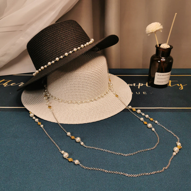French Retro Style Flat Straw Hat w/Pearl Chain