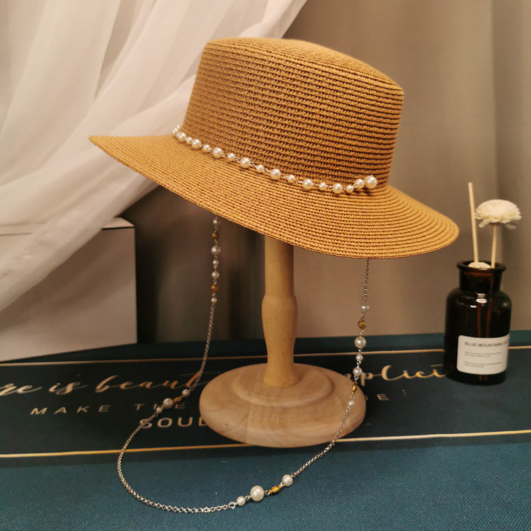 French Retro Style Flat Straw Hat w/Pearl Chain