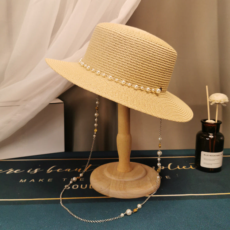 French Retro Style Flat Straw Hat w/Pearl Chain