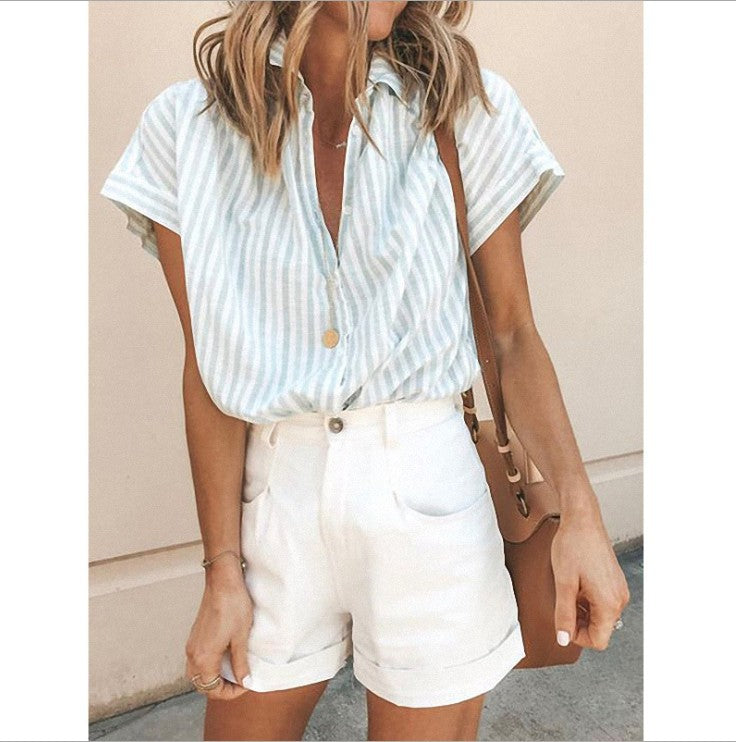 Vertical Striped Loose fitting Short-Sleeved Cardigan Shirt