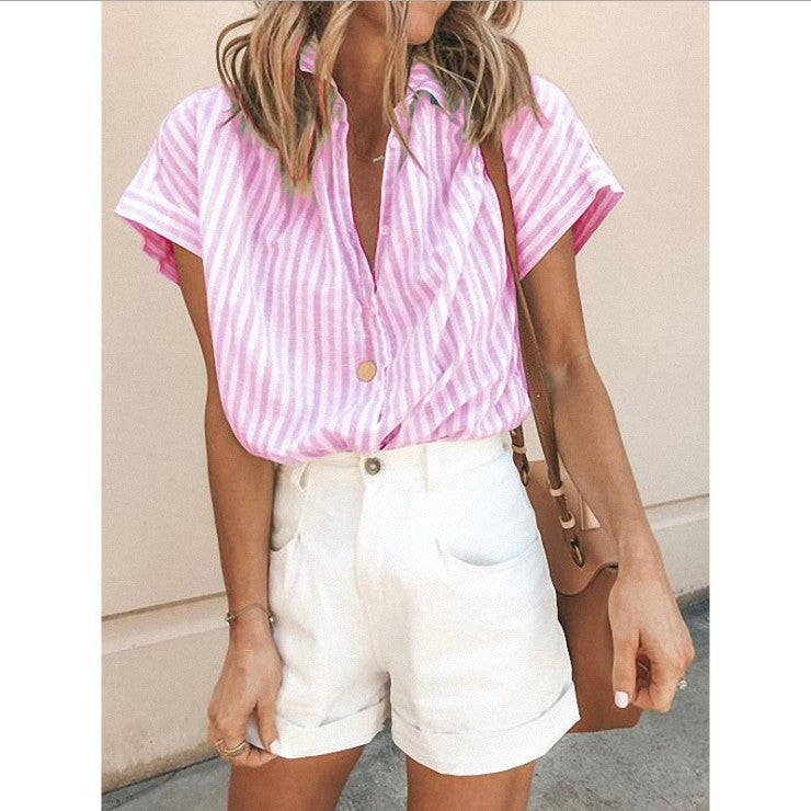 Vertical Striped Loose fitting Short-Sleeved Cardigan Shirt