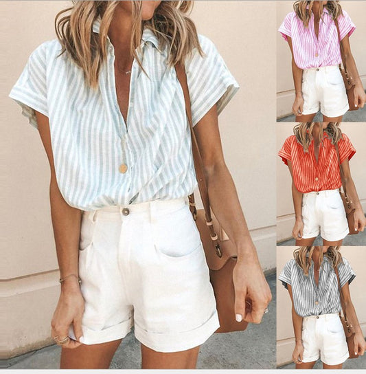 Vertical Striped Loose fitting Short-Sleeved Cardigan Shirt