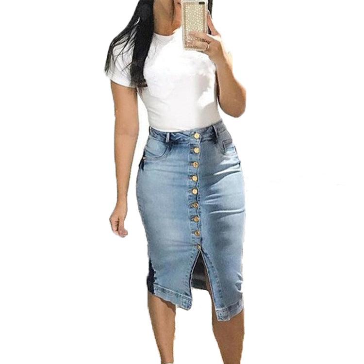 Button Down Denim Knee High Skirt