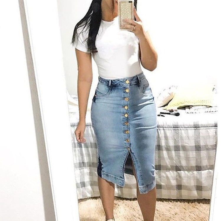 Button Down Denim Knee High Skirt