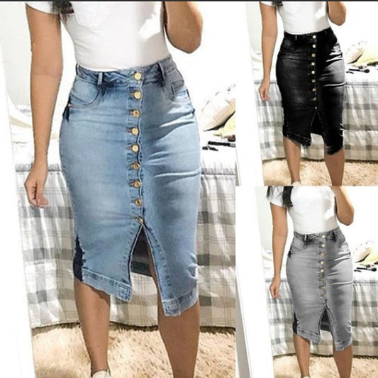 Button Down Denim Knee High Skirt